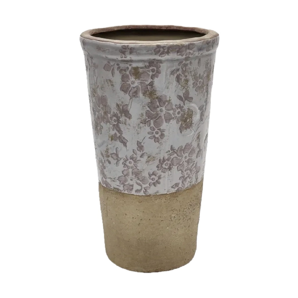 Vase en céramique avec motif floral et base texturée